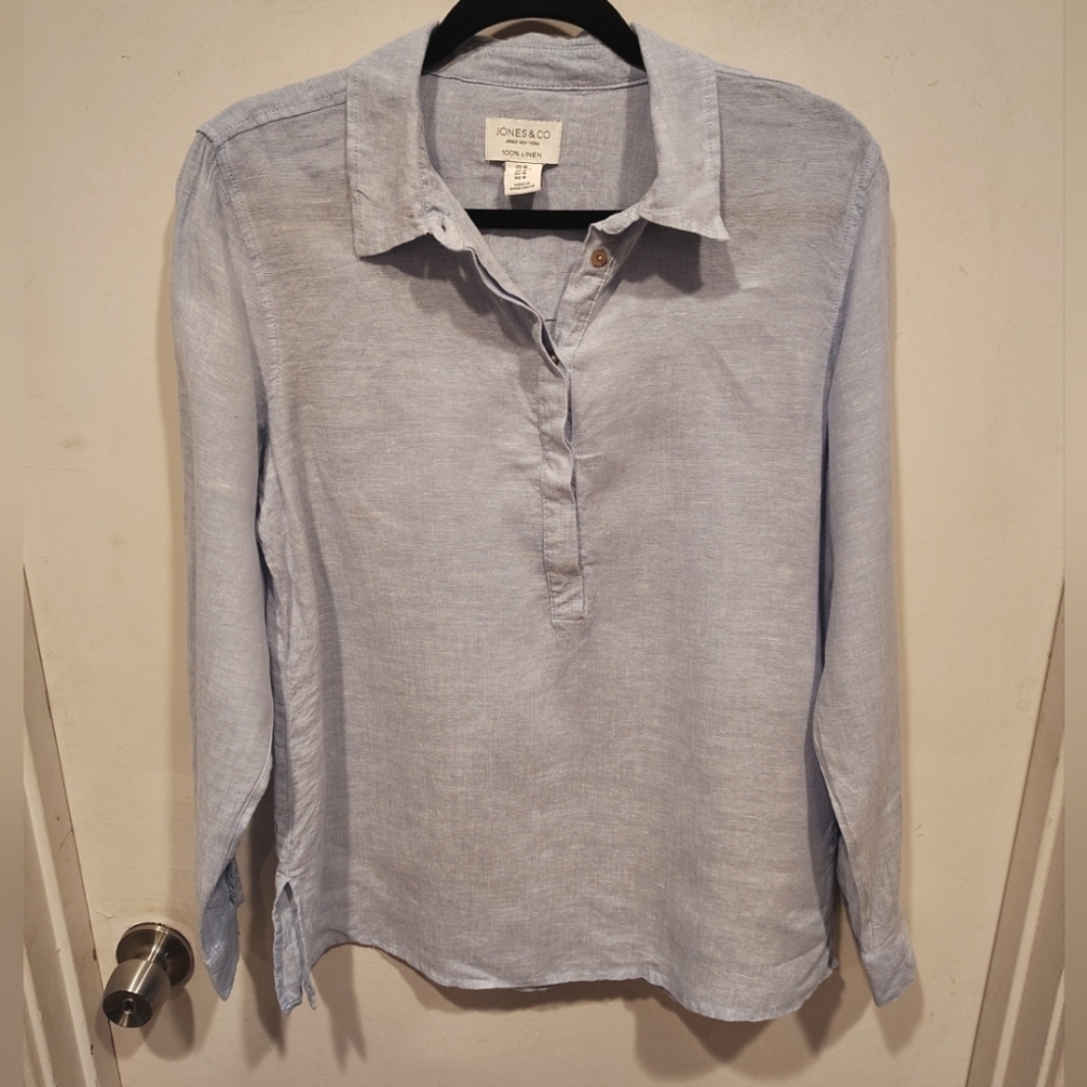 Jones & Co. Women's 100% Linen Long Sleeve Popover Top Sz M Casual Beach Resort